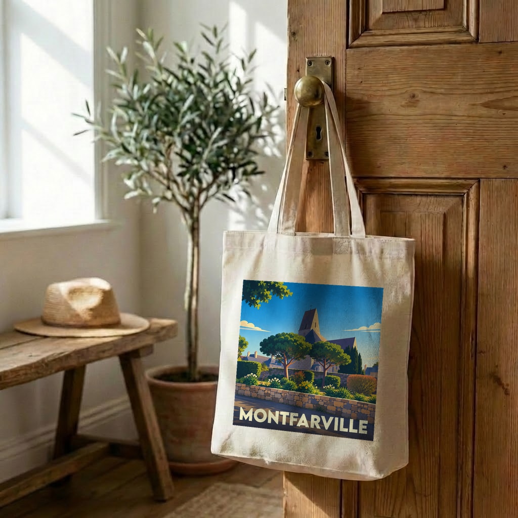 Sac cabas souvenir de la ville de Montfarville avec une illustration stylisée.