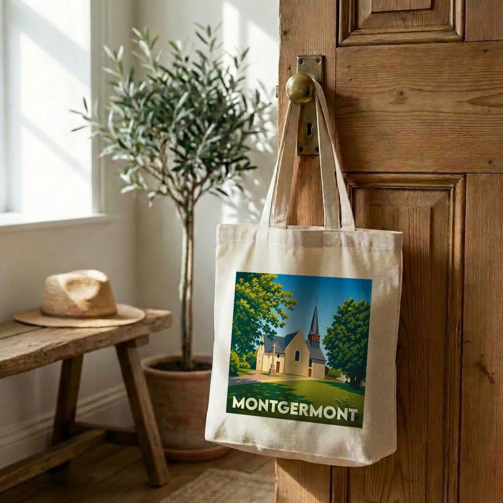 Tote bag souvenir de la ville de Montgermont avec une illustration stylisée de son église.