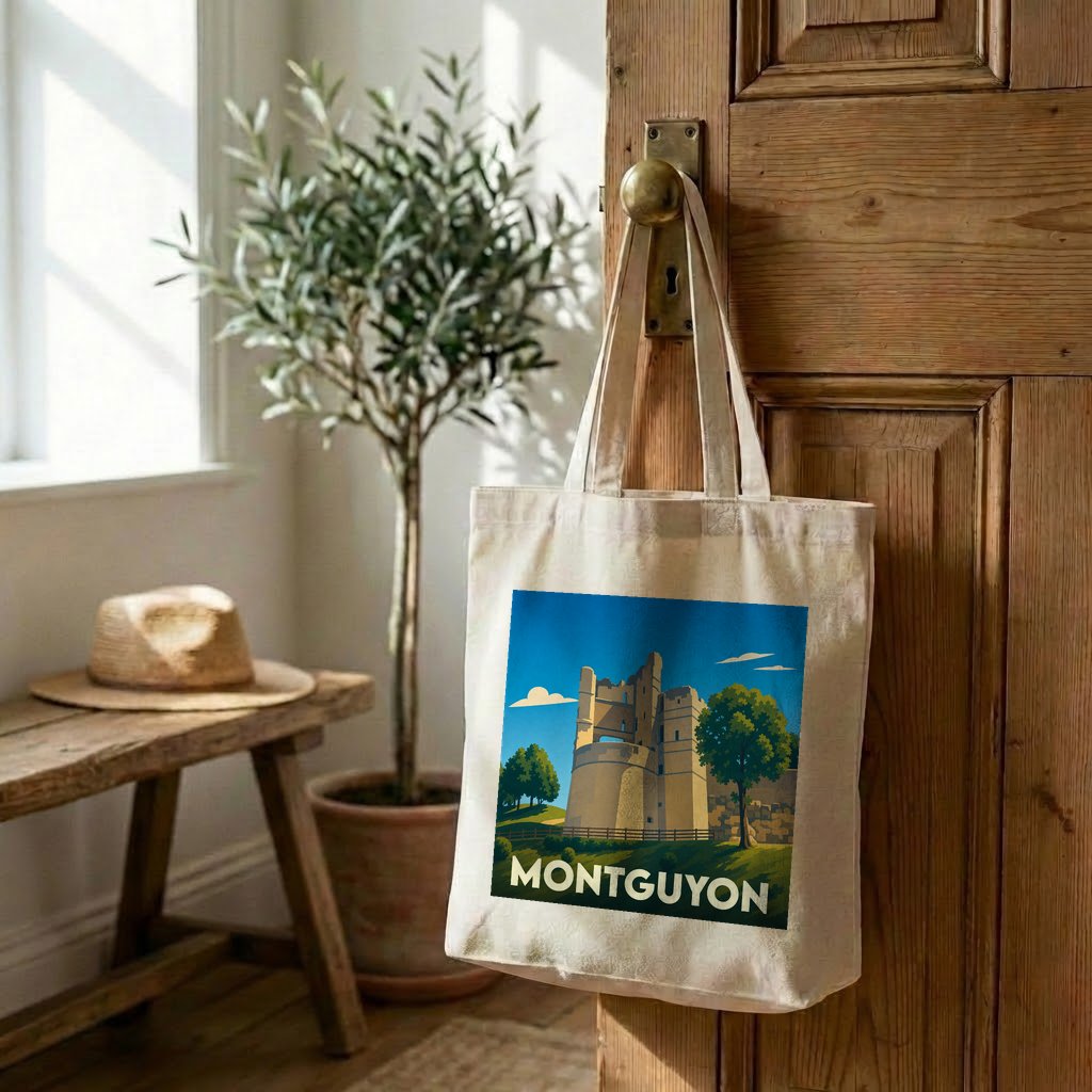 Tote bag souvenir de la ville de Montguyon avec une illustration stylisée de son château.