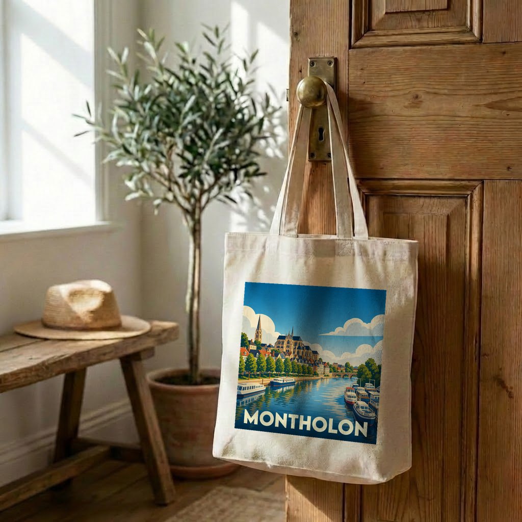 Tote bag souvenir de la ville de Montholon avec une illustration stylisée.