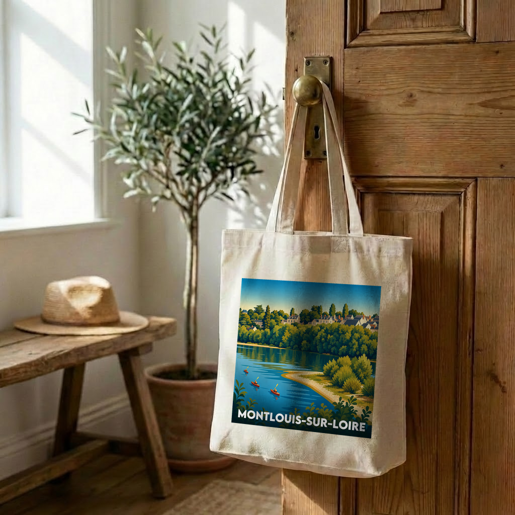 Tote bag souvenir de la ville de Montlouis-sur-Loire avec une illustration stylisée d'un paysage de bord de Loire.