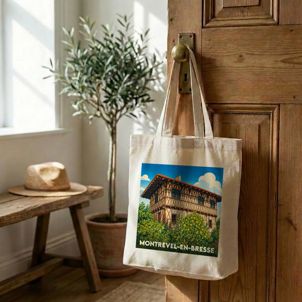 Tote bag souvenir de la ville de Montrevel-en-Bresse avec une illustration stylisée d'une maison traditionnelle à colombages.
