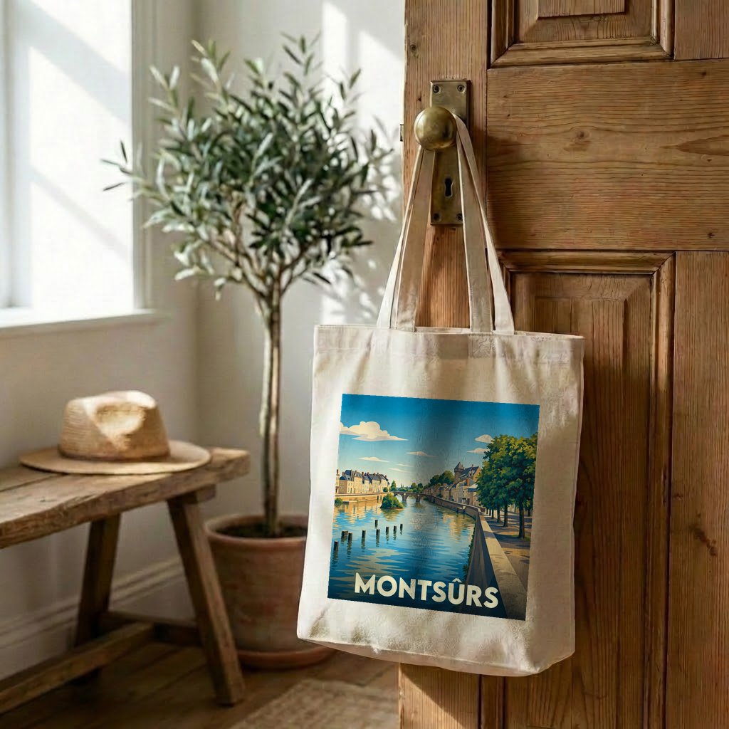 Tote bag souvenir de la ville de Montsûrs avec une illustration stylisée.