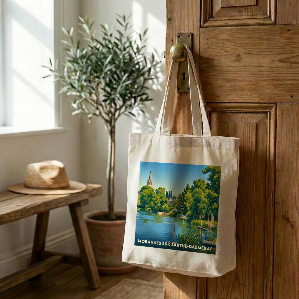 Tote bag souvenir de la ville de Morannes-sur-Sarthe-Daumeray avec une illustration stylisée des bords de Sarthe.