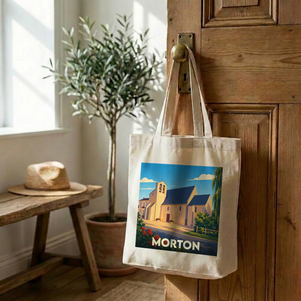 Tote bag souvenir de la ville de Morton avec une illustration stylisée.