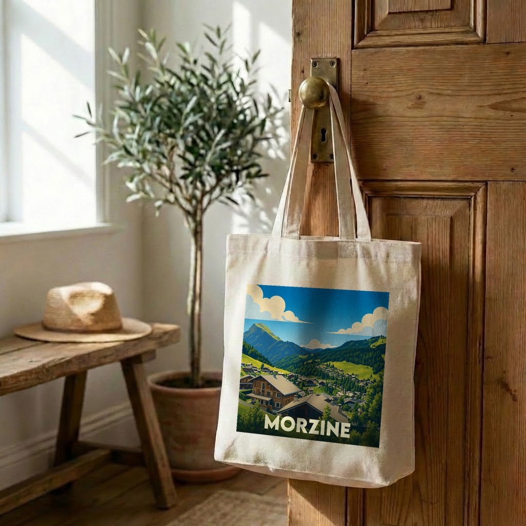 Tote bag souvenir de la ville de Morzine avec une illustration de paysages montagneux.