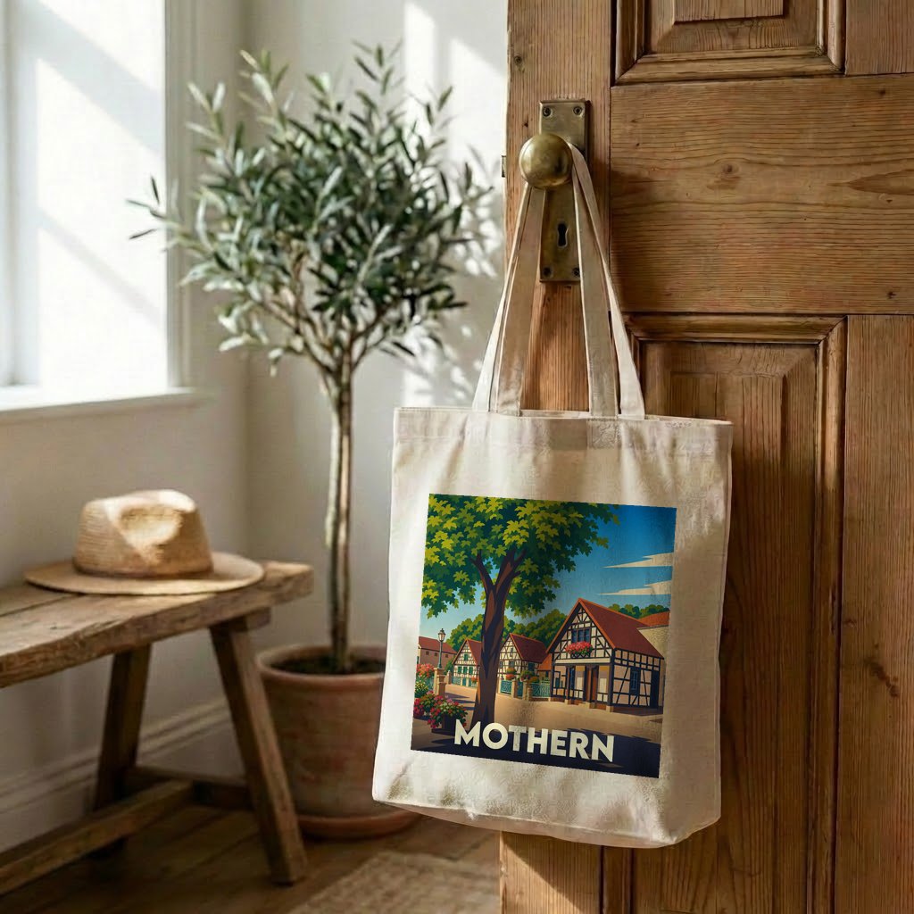 Tote bag souvenir de la ville de Mothern avec une illustration stylisée.