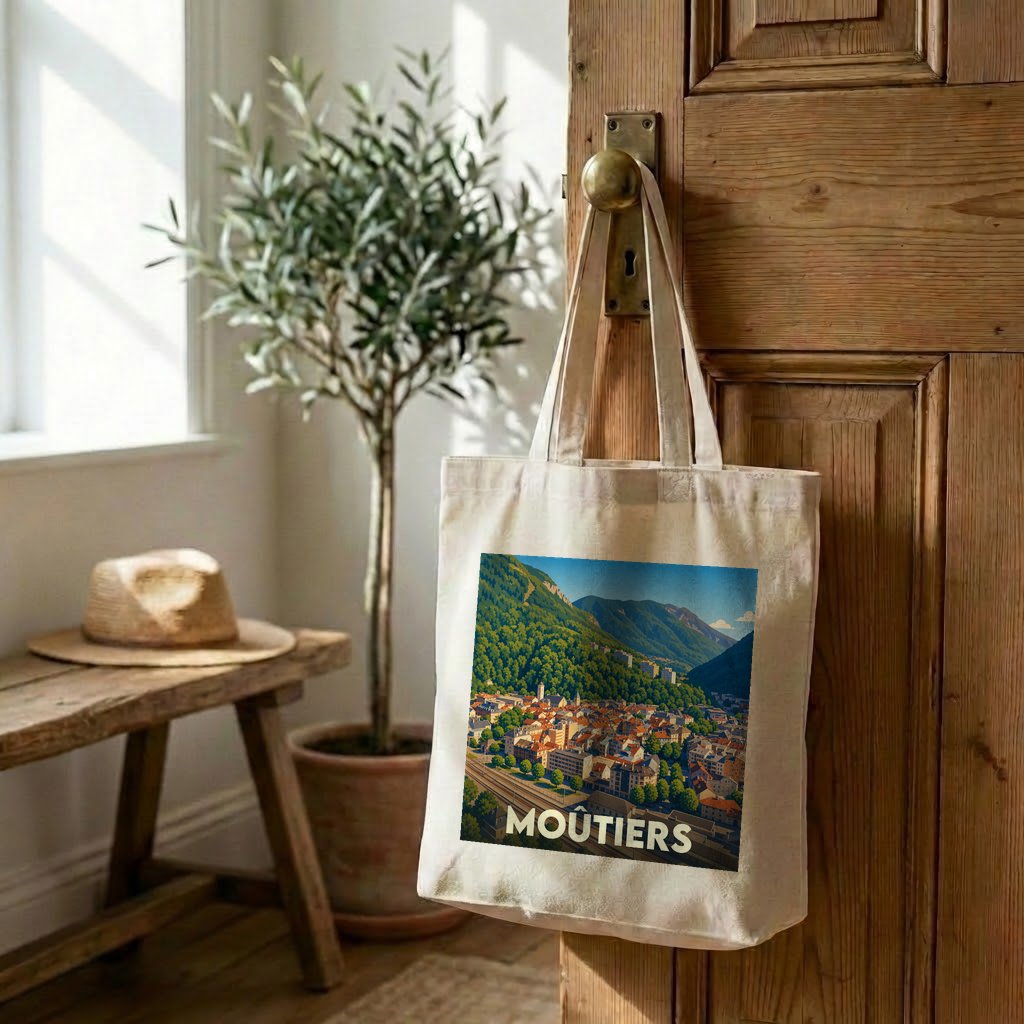 Tote bag souvenir de la ville de Moûtiers avec une illustration de paysage de montagne.