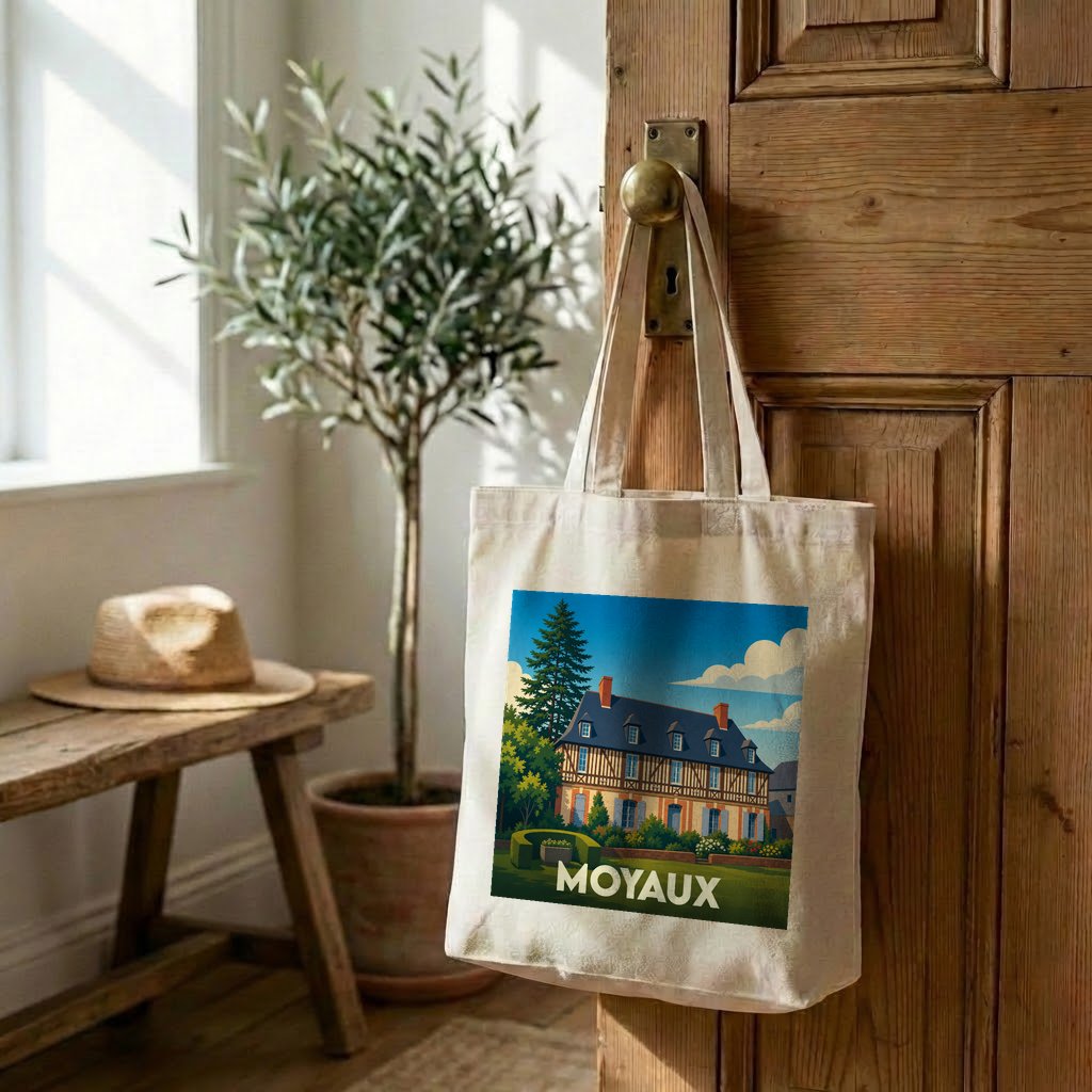 Tote bag souvenir de la ville de Moyaux avec une illustration stylisée.