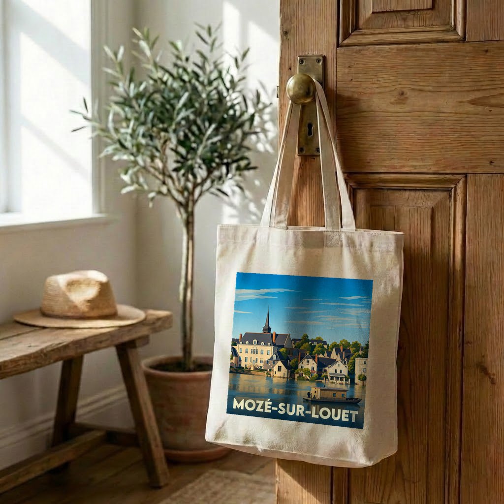 Tote bag souvenir de la ville de Mozé-sur-Louet avec une illustration stylisée d'un paysage de bord d'eau.