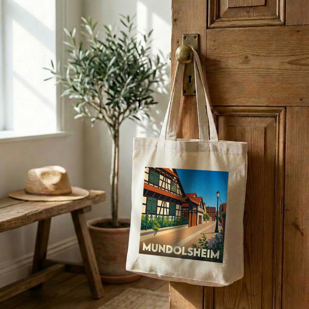 Tote bag souvenir de la ville de Mundolsheim avec une illustration stylisée.