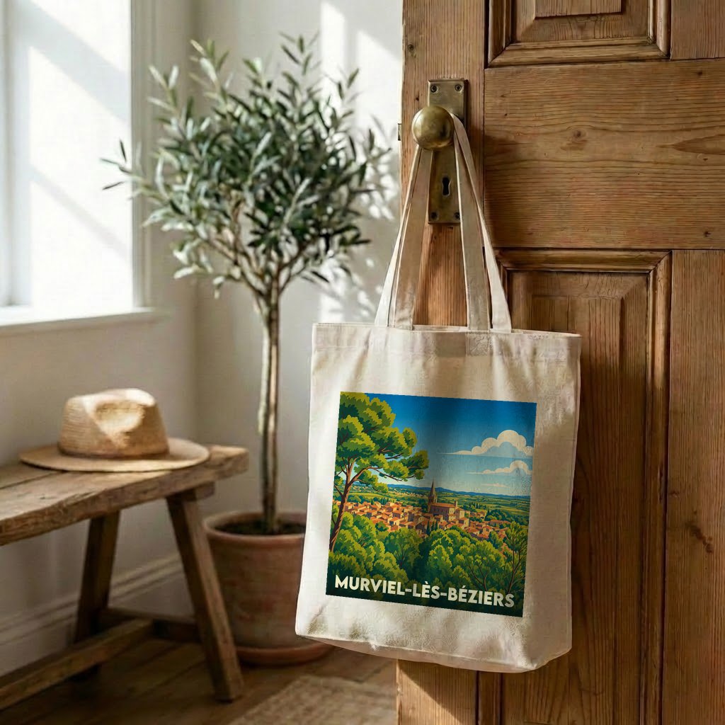 Tote bag souvenir de Murviel-lès-Béziers orné d'une illustration de paysage rétro.