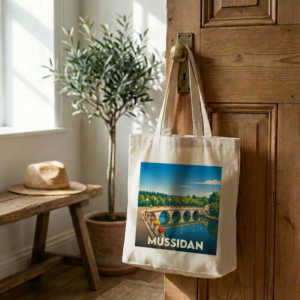 Tote bag souvenir de la ville de Mussidan avec une illustration stylisée de son pont.
