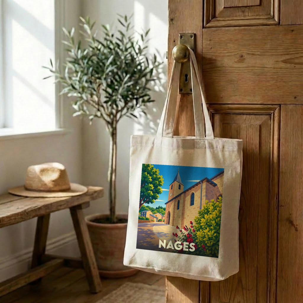 Tote bag souvenir de la ville de Nages avec une illustration stylisée.