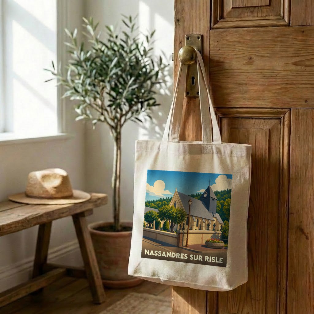 Tote bag souvenir de Nassandres sur Risle avec une illustration stylisée de son église.