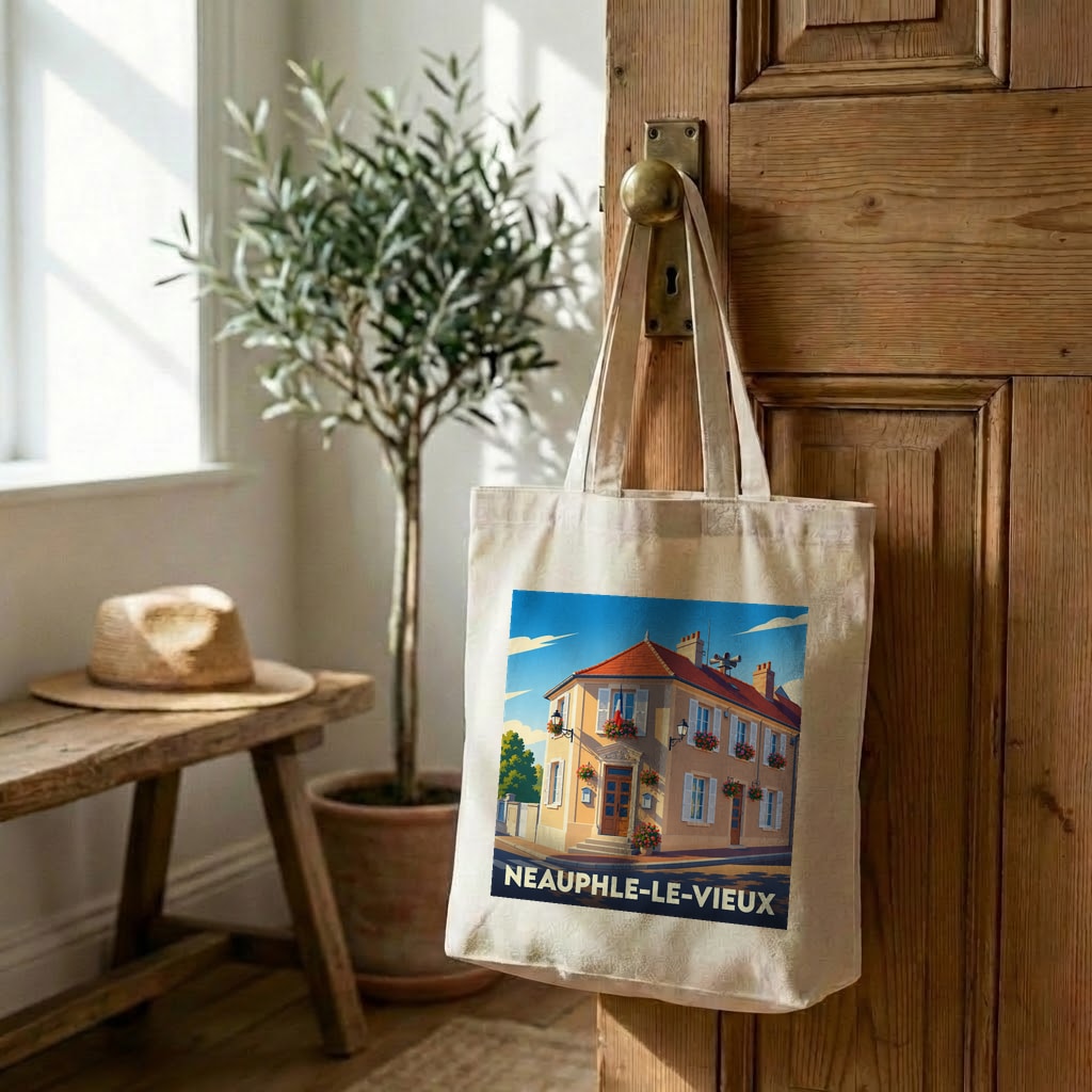 Tote bag souvenir de la ville de Neauphle-le-Vieux avec une illustration stylisée d'une maison fleurie.