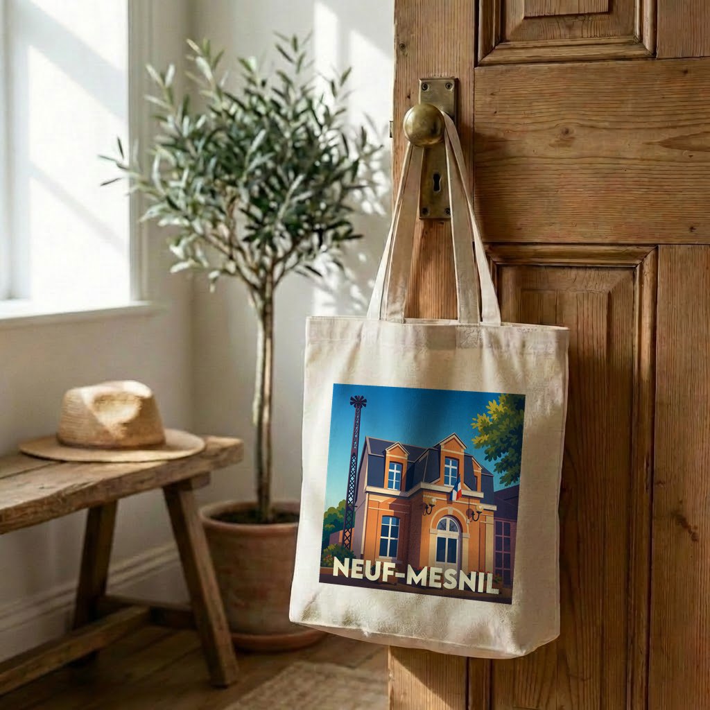 Tote bag souvenir de la ville de Neuf-Mesnil avec une illustration stylisée.