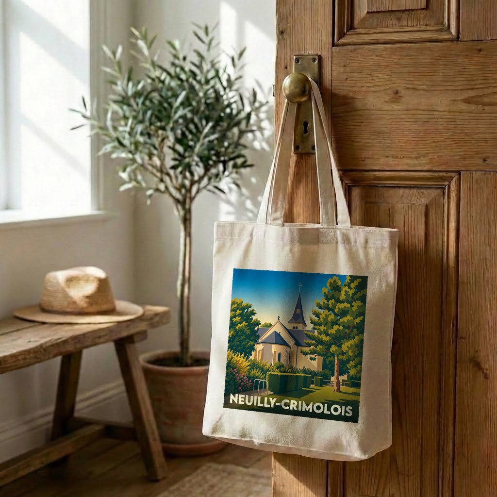 Tote bag souvenir de la ville de Neuilly-Crimolois avec une illustration stylisée.