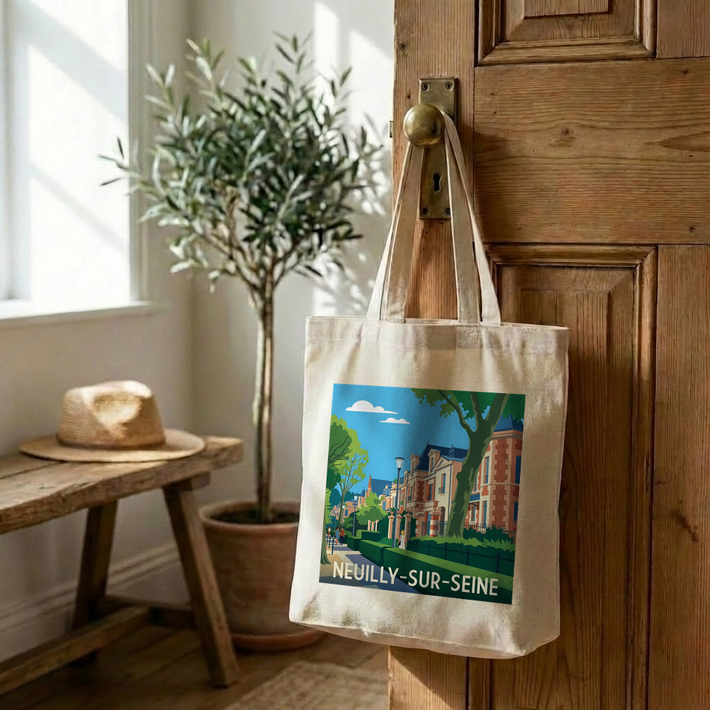 Tote bag souvenir de la ville de Neuilly-sur-Seine avec une illustration stylisée et colorée.