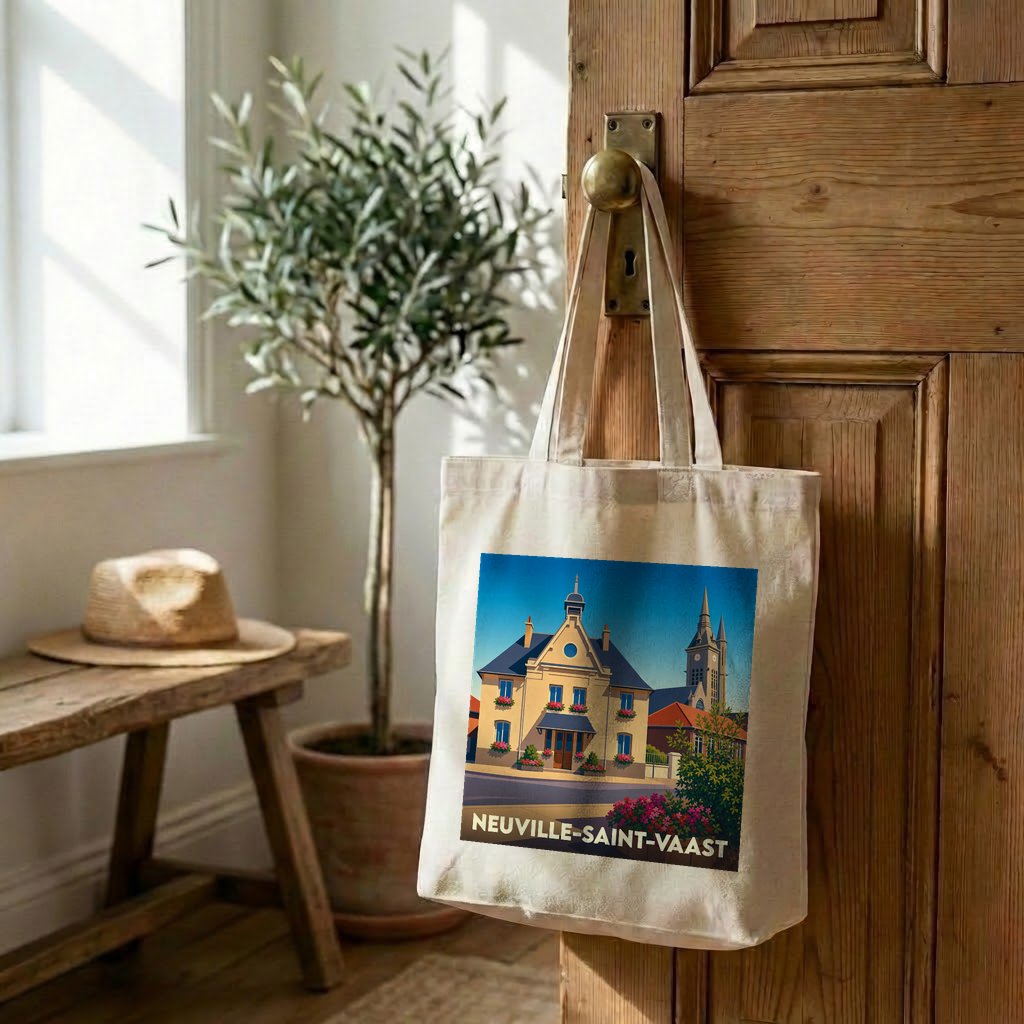 Tote bag souvenir de la ville de Neuville-Saint-Vaast avec une illustration stylisée.