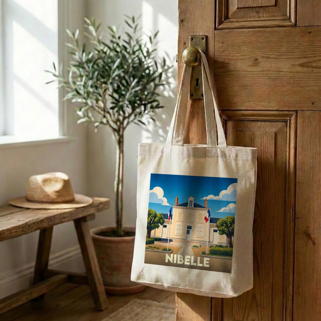 Tote bag souvenir de la ville de Nibelle avec une illustration stylisée.