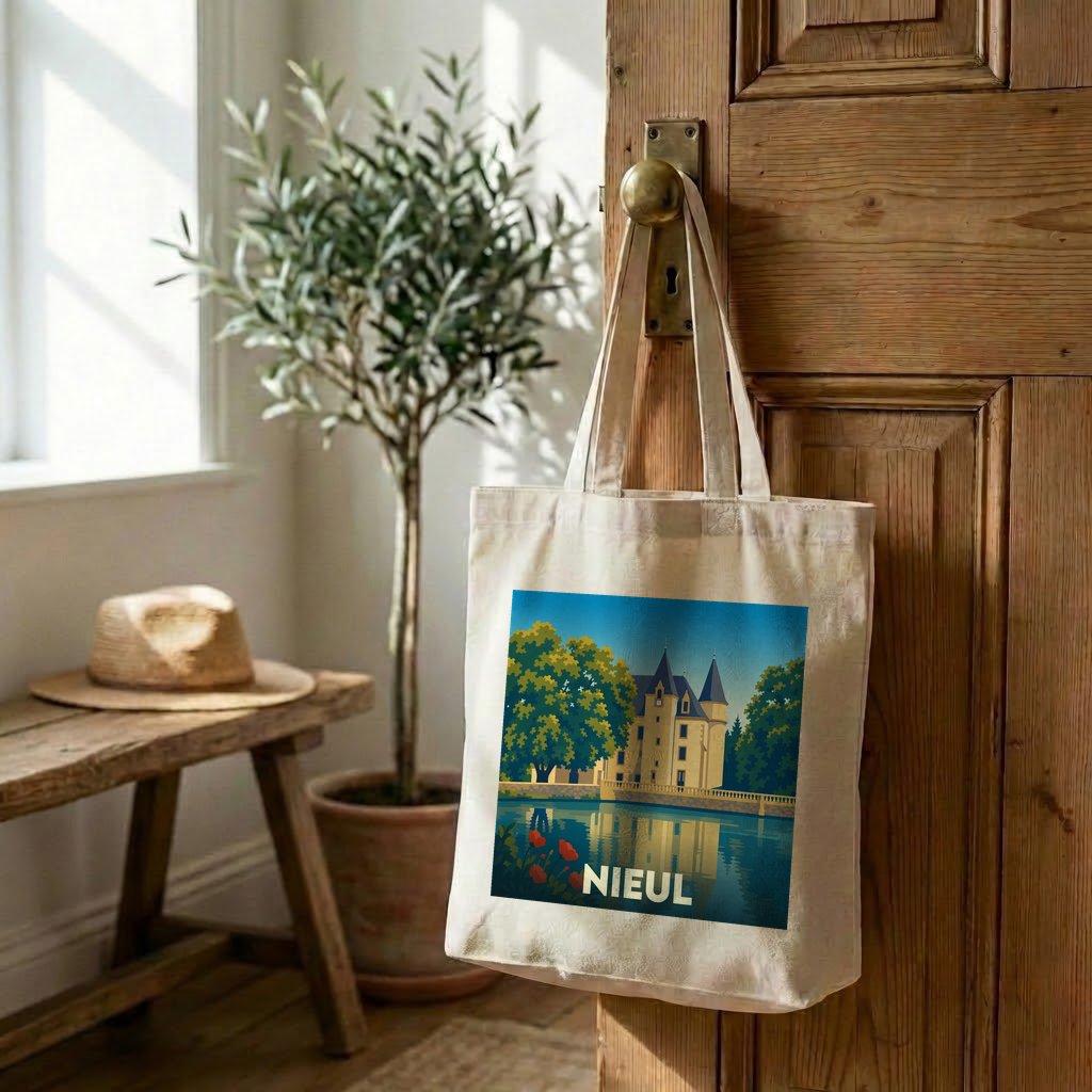 Tote bag souvenir de la ville de Nieul avec une illustration stylisée d'un château au bord de l'eau.