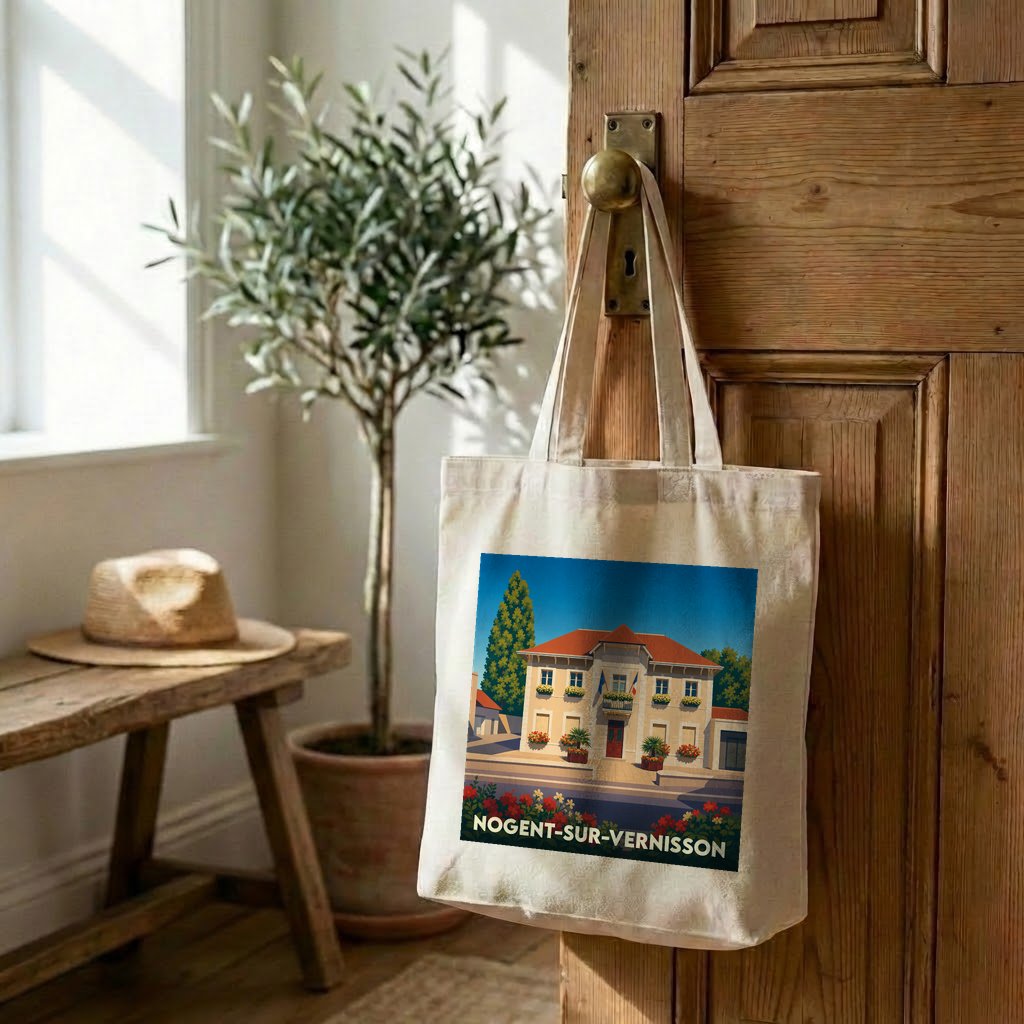 Tote bag souvenir de la ville de Nogent-sur-Vernisson avec une illustration stylisée.