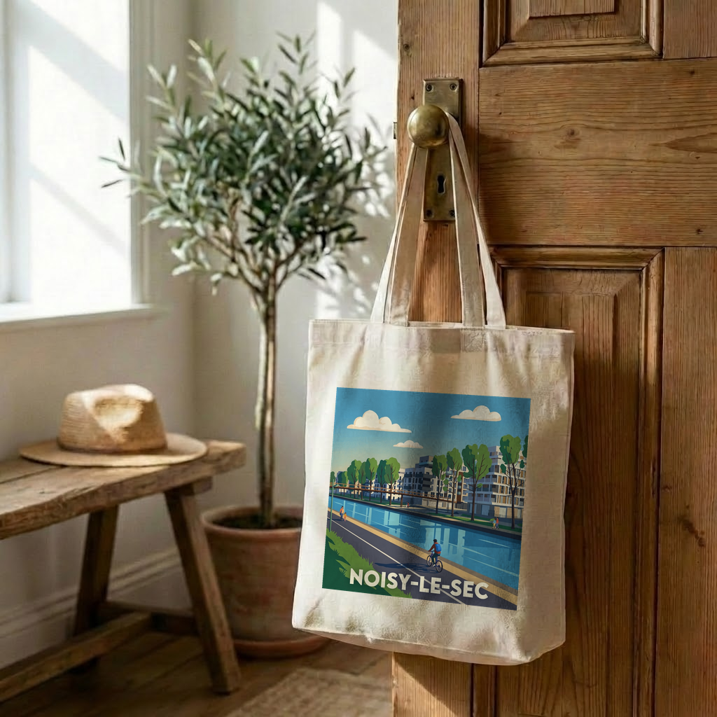Tote bag souvenir de la ville de Noisy-le-Sec avec une illustration stylisée.
