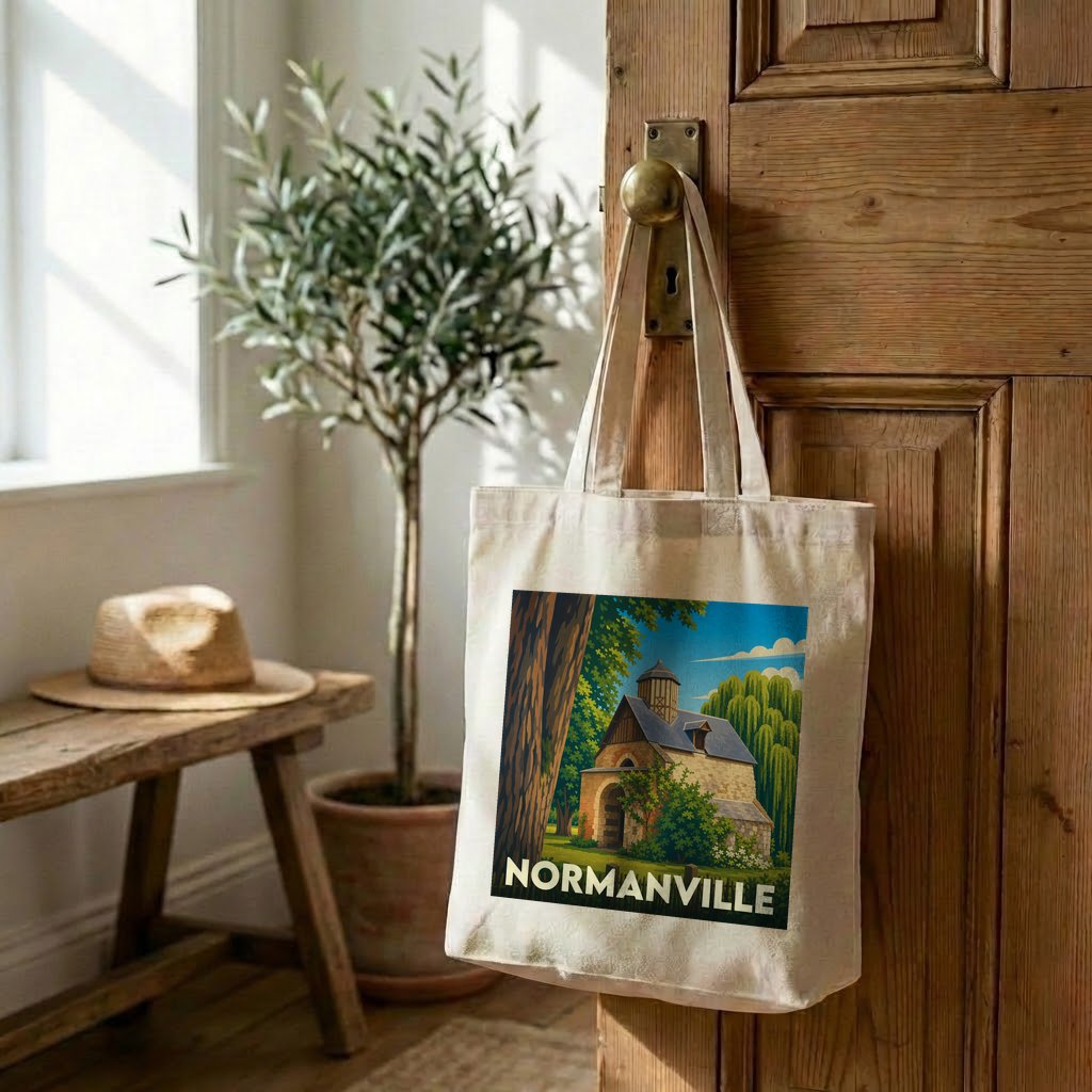Tote bag souvenir de la ville de Normanville avec une illustration stylisée d'un bâtiment historique.