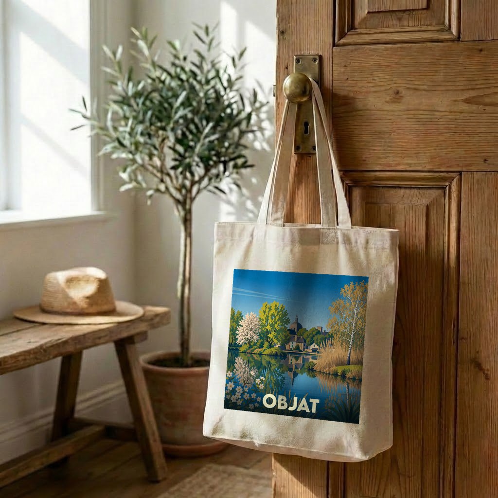 Tote bag souvenir de la ville d'Objat avec une illustration stylisée de son paysage au bord de l'eau.
