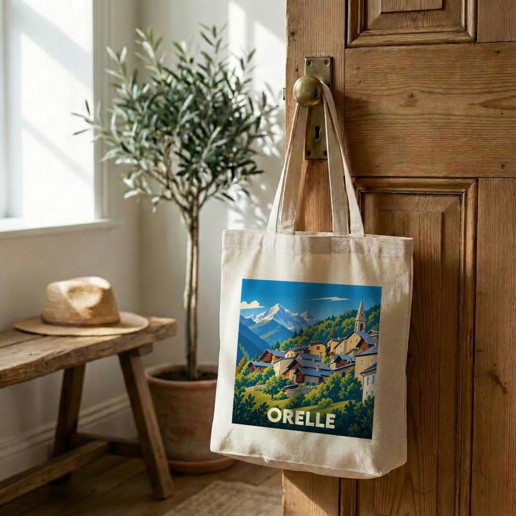 Tote bag souvenir de la ville d'Orelle avec une illustration stylisée de montagne.