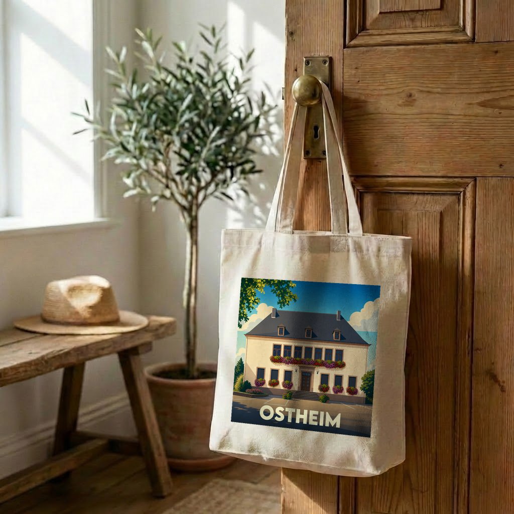 Tote bag souvenir de la ville d'Ostheim avec une illustration stylisée.
