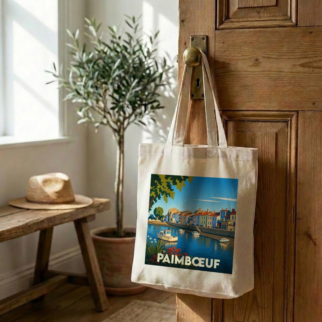 Tote bag souvenir de la ville de Paimbœuf avec une illustration stylisée et colorée du port.
