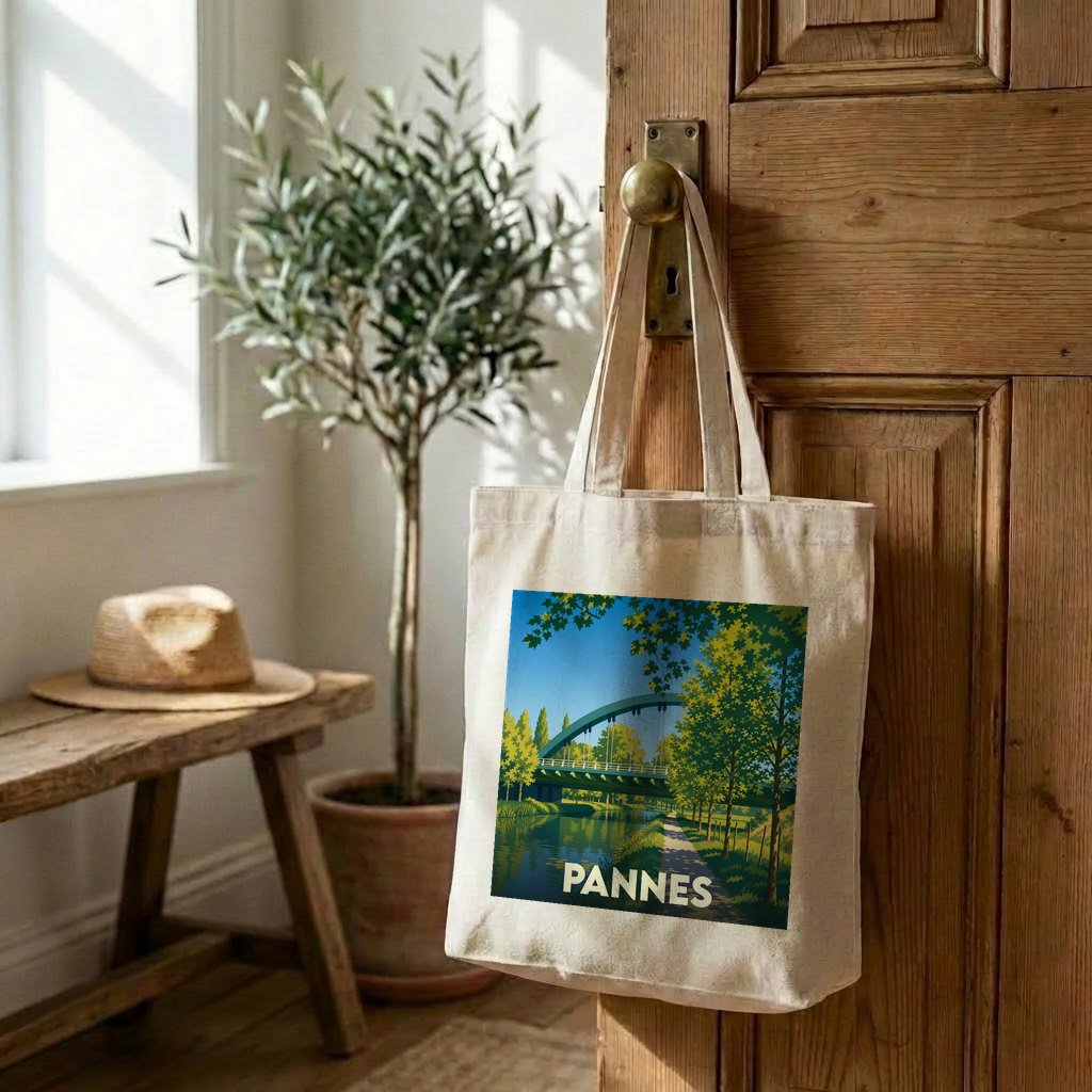 Tote bag souvenir de la ville de Pannes avec une illustration stylisée d'un pont au-dessus de l'eau.