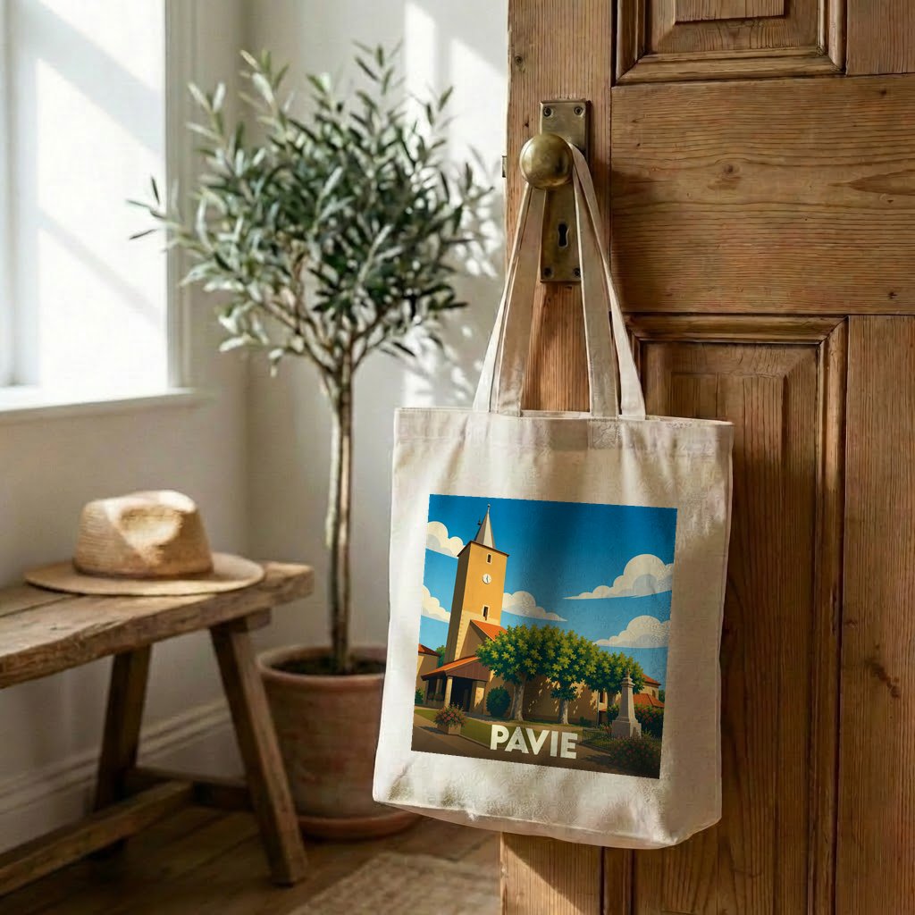 Tote bag souvenir de la ville de Pavie avec une illustration stylisée.