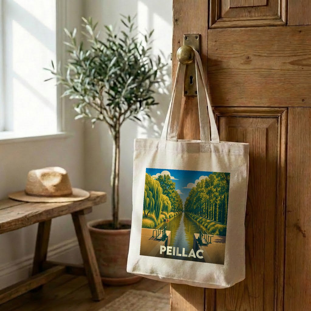 Tote bag souvenir de la ville de Peillac avec une illustration stylisée.