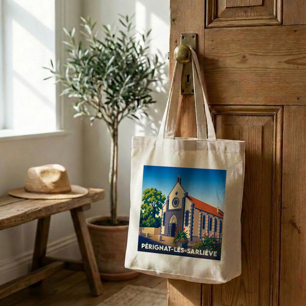 Tote bag souvenir de la ville de Pérignat-lès-Sarliève avec une illustration stylisée de son église.