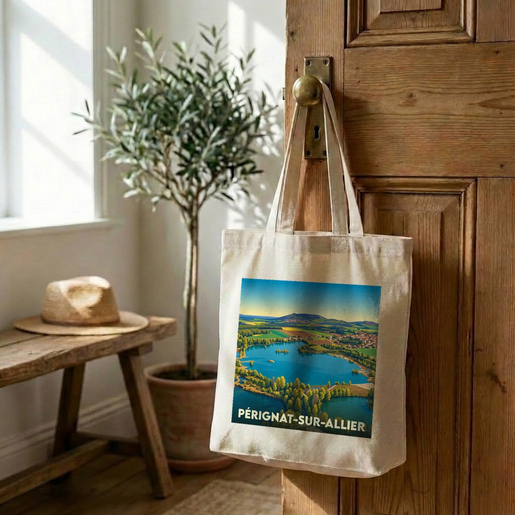 Tote bag souvenir de la ville de Pérignat-sur-Allier avec une illustration stylisée de son paysage.