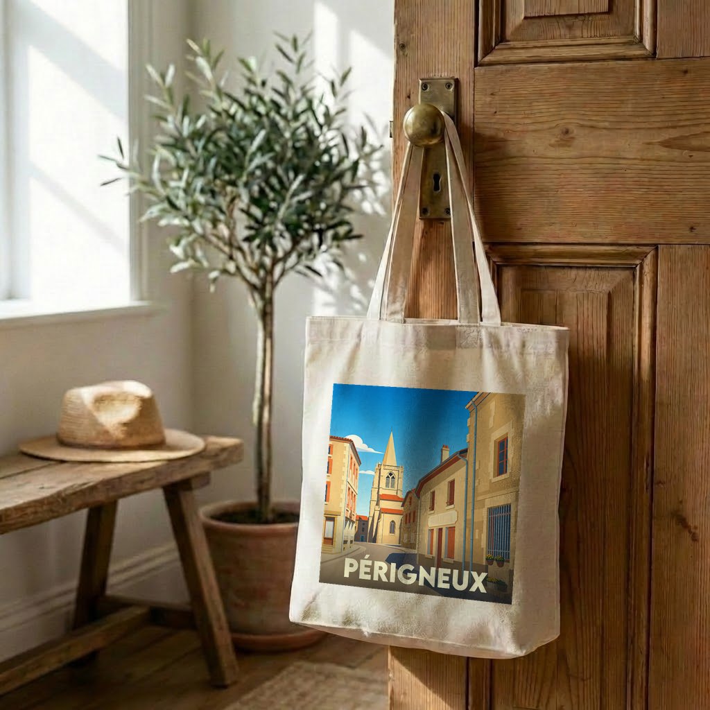 Tote bag souvenir de la ville de Périgneux avec une illustration stylisée.
