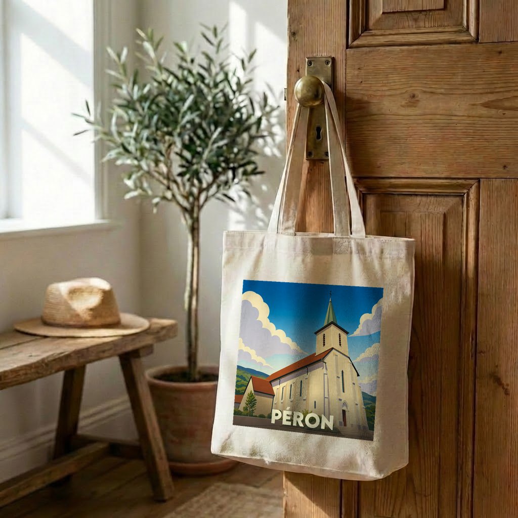 Tote bag souvenir de la ville de Péron avec une illustration stylisée de son église.