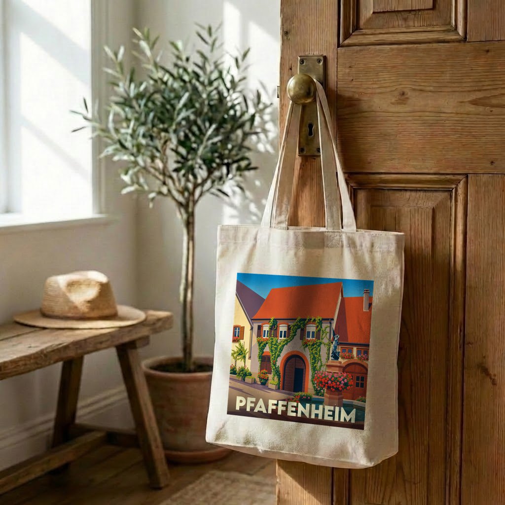 Tote bag souvenir de la ville de Pfaffenheim avec une illustration stylisée d'une maison alsacienne fleurie.
