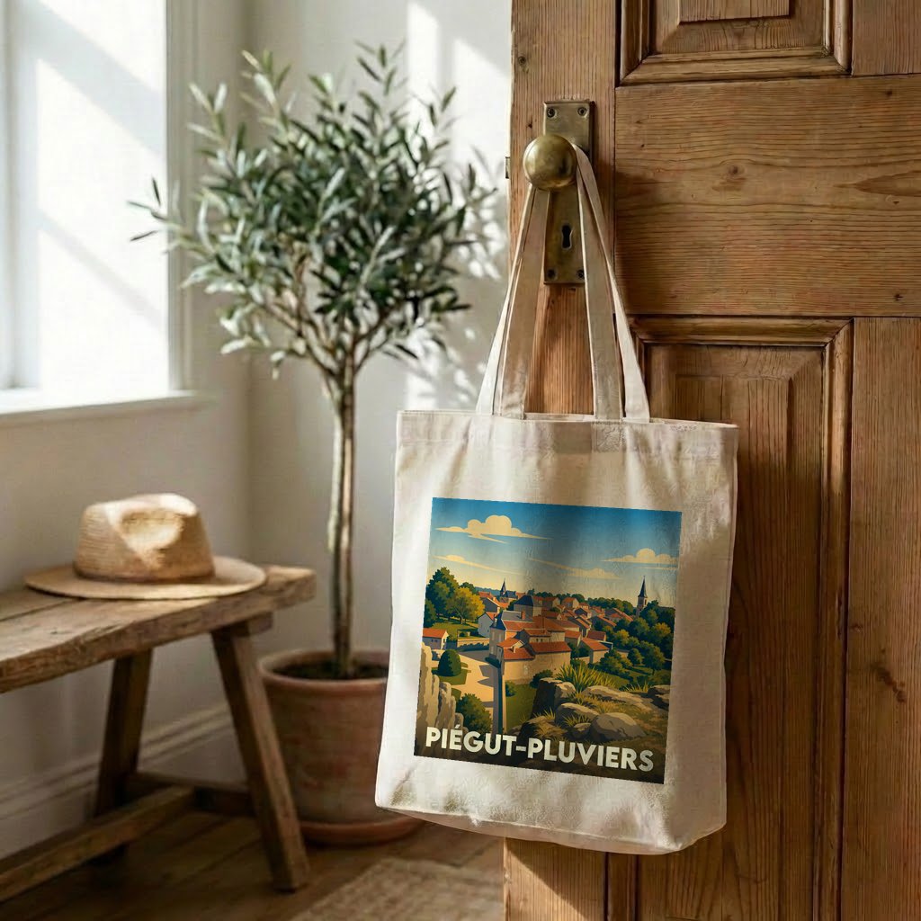 Tote bag souvenir de la ville de Piégut-Pluviers avec une illustration stylisée d'un paysage urbain.