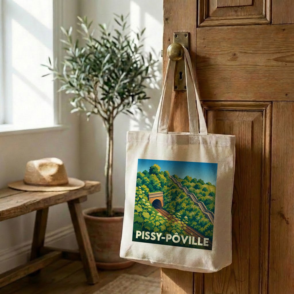 Tote bag souvenir de la ville de Pissy-Pôville avec une illustration stylisée d'un paysage ferroviaire boisé.