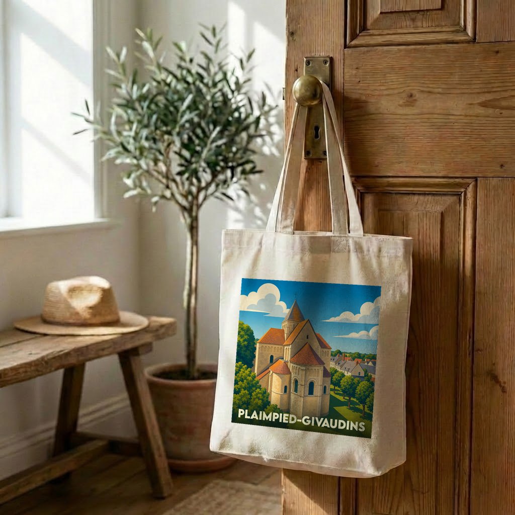Tote bag souvenir de la ville de Plaimpied-Givaudins avec une illustration stylisée d'une église.