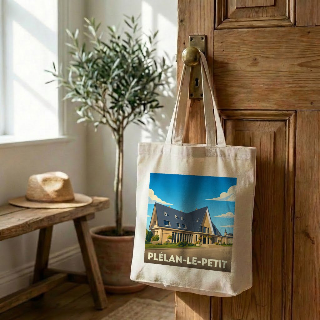 Tote bag souvenir de Plélan-le-Petit avec une illustration graphique de l'hôtel de ville.