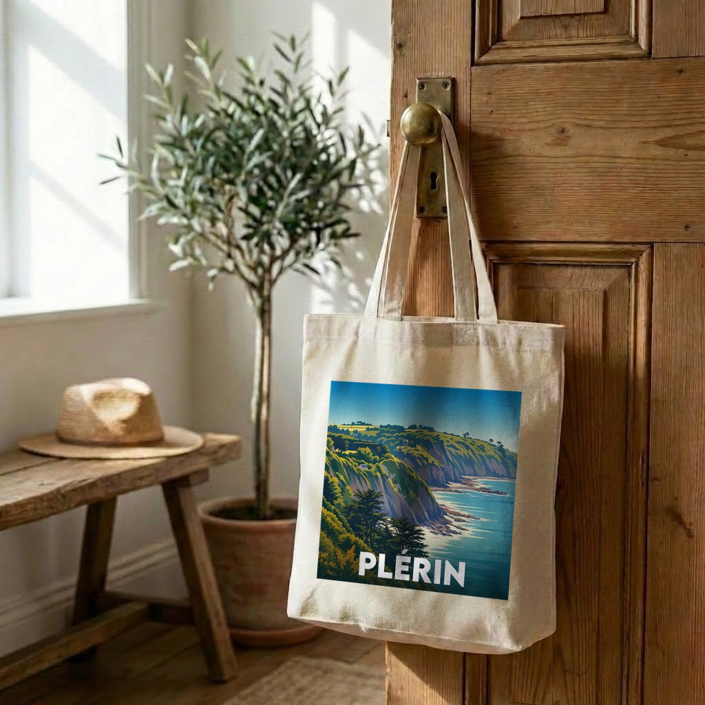 Tote bag souvenir de la ville de Plérin avec une illustration stylisée de son littoral.
