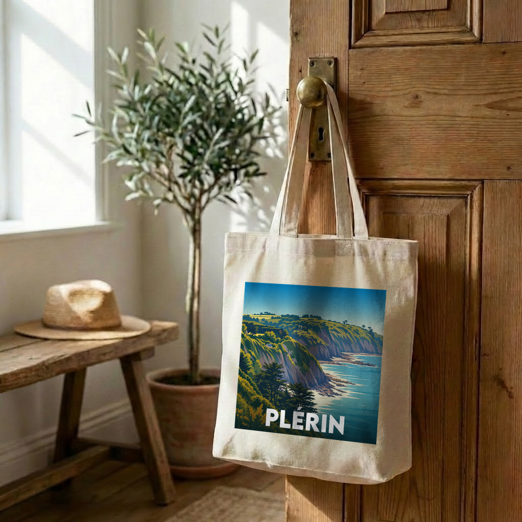 Tote bag souvenir de la ville de Plérin avec une illustration stylisée de son littoral.