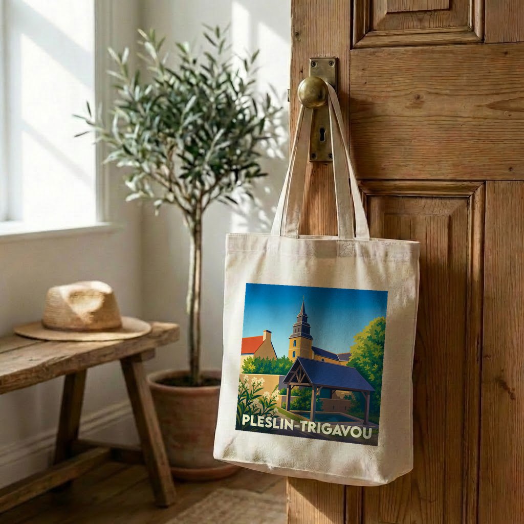 Tote bag souvenir de la ville de Pleslin-Trigavou avec une illustration stylisée.