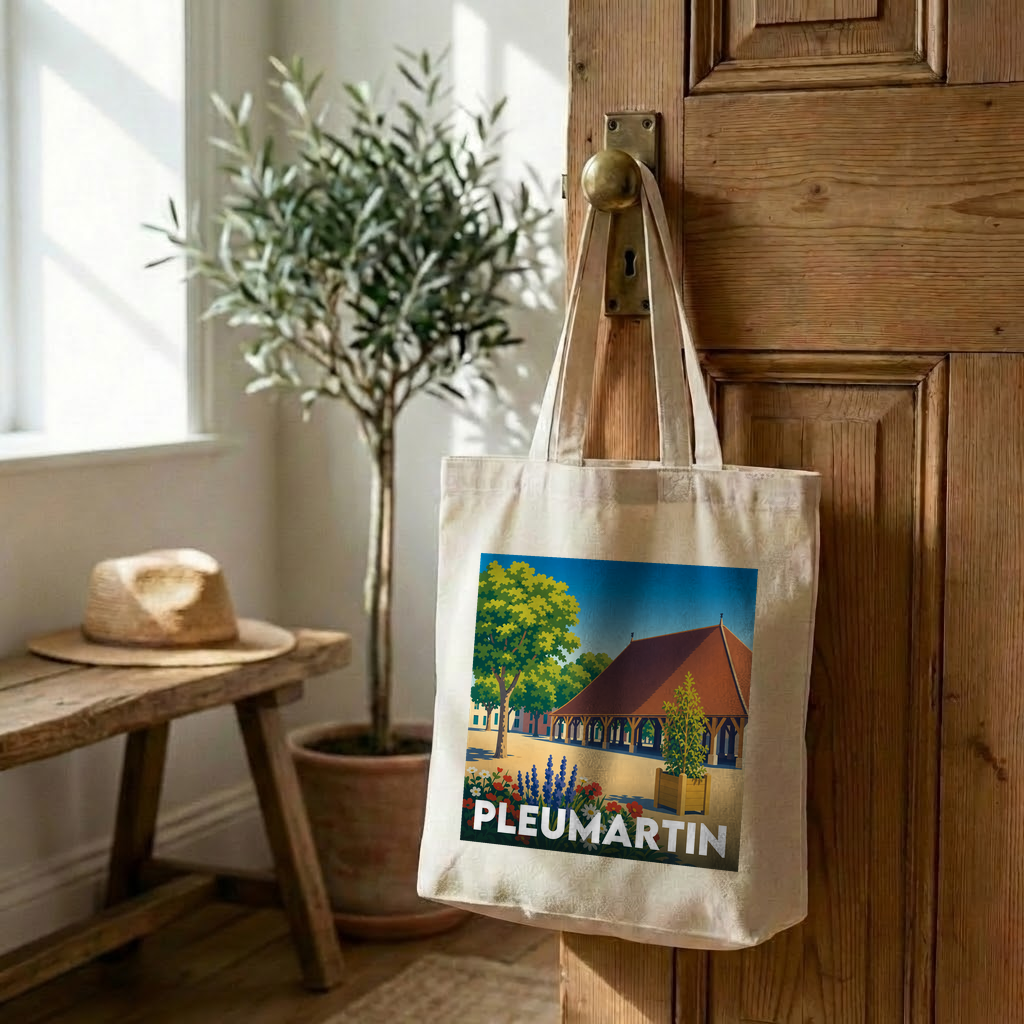 Tote bag souvenir de la ville de Pleumartin avec une illustration stylisée.
