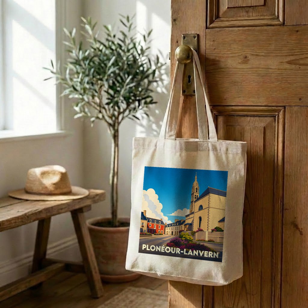 Tote bag souvenir de la ville de Plonéour-Lanvern avec une illustration stylisée.